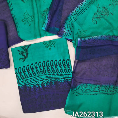 Premium Green & dark Blue uppada silk unstitched salwar material(lining needed) hand block printed allover, santoon  bottom, dual shade hand block print premium chiffon dupatta(TAPING NEEDED). JA262313(over lapping of prints not consider as a defect)