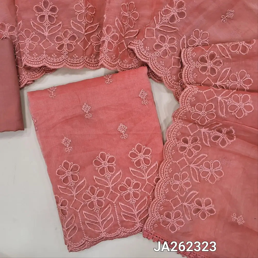 Dark Peachish Pink fancy silk cotton unstitched salwar material(soft, lining needed) cut work, embroidery on daman, matching silky bottom, embroidery, cut work on fancy silk cotton dupatta. JA262323