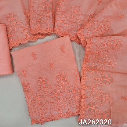 Dark Peach fancy silk cotton unstitched salwar material(soft, lining needed) cut work, embroidery on daman, matching silky bottom, embroidery, cut work on fancy silk cotton dupatta. JA262320