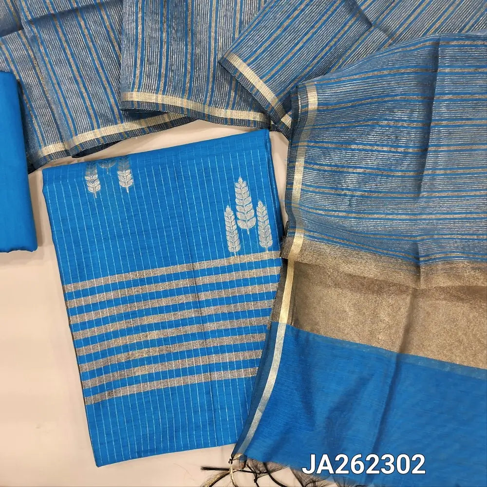 Benarasi woven turquoise Blue silk cotton unstitched salwar material (lining needed) zari woven design allover, matching silk cotton bottom, golden tint tissue silk cotton dupatta with tassels. JA262302
