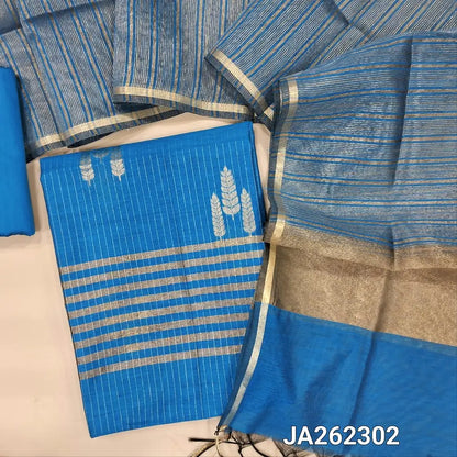 Benarasi woven turquoise Blue silk cotton unstitched salwar material (lining needed) zari woven design allover, matching silk cotton bottom, golden tint tissue silk cotton dupatta with tassels. JA262302