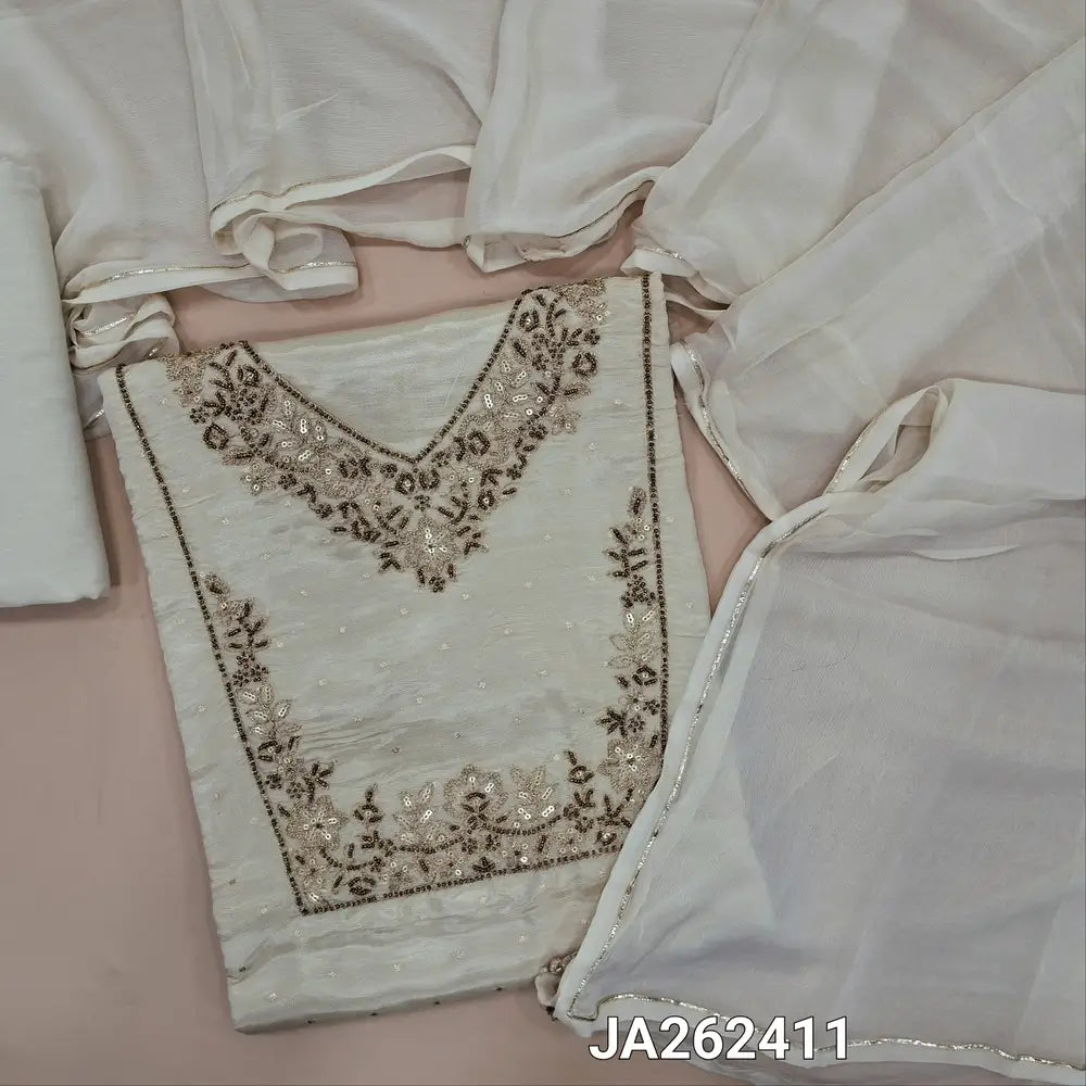 Designer Ivory & golden tint premium tissue silk unstitched salwar material(lining needed)zari, sequins, bead work on yoke, zari buttas allover, curved v neck line, matching santoon bottom, premium plain chiffon dupatta with gota lace tapings. JA262411