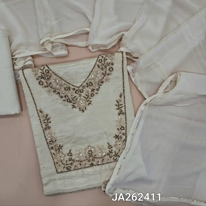 Designer Ivory & golden tint premium tissue silk unstitched salwar material(lining needed)zari, sequins, bead work on yoke, zari buttas allover, curved v neck line, matching santoon bottom, premium plain chiffon dupatta with gota lace tapings. JA262411