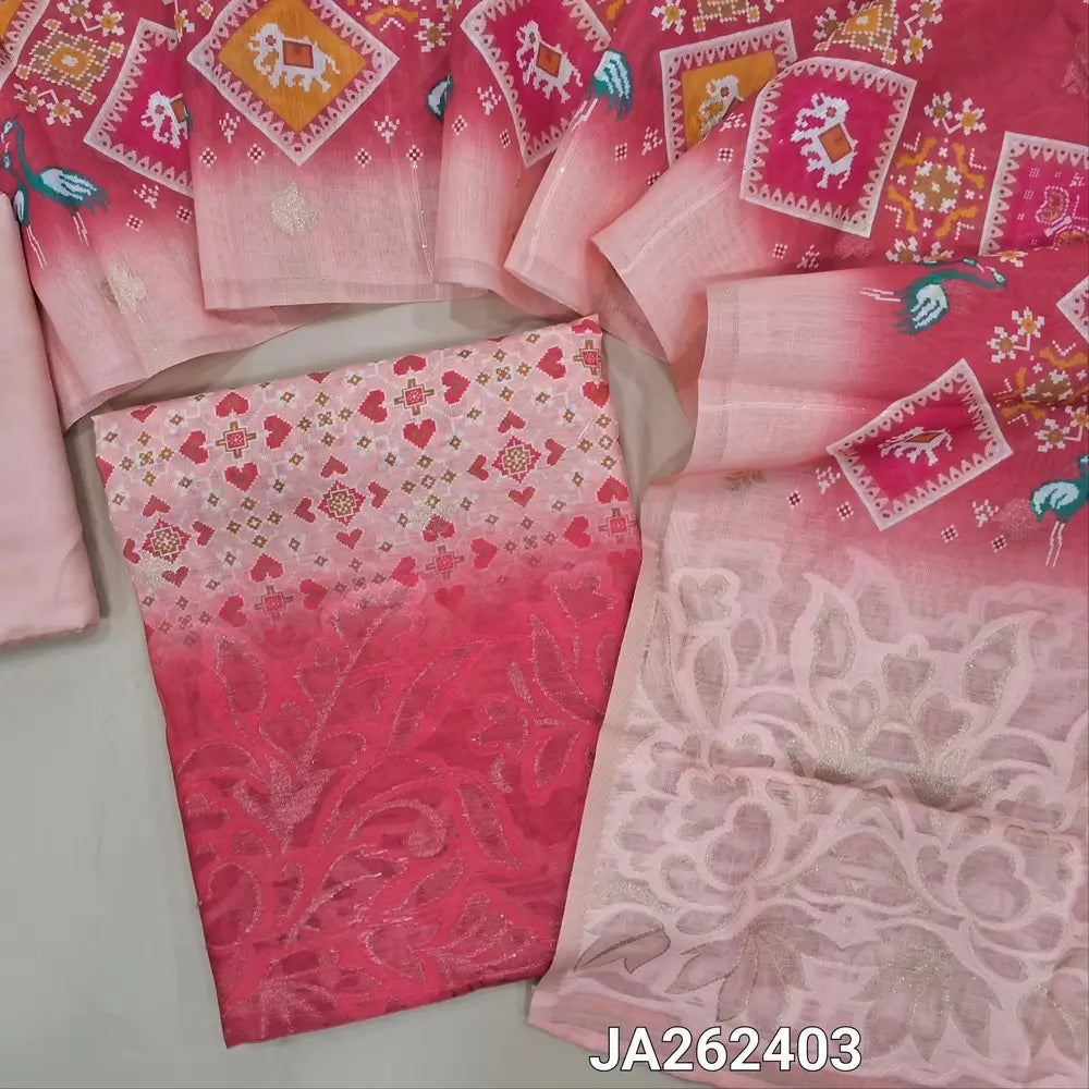 Patola printed Peachish Pink premium linen unstitched salwar material(lining needed) dak peachish pink jakard embroidery daman, matching silky bottom, printed dual shade linen dupatta with jakard pallu. JA262403
