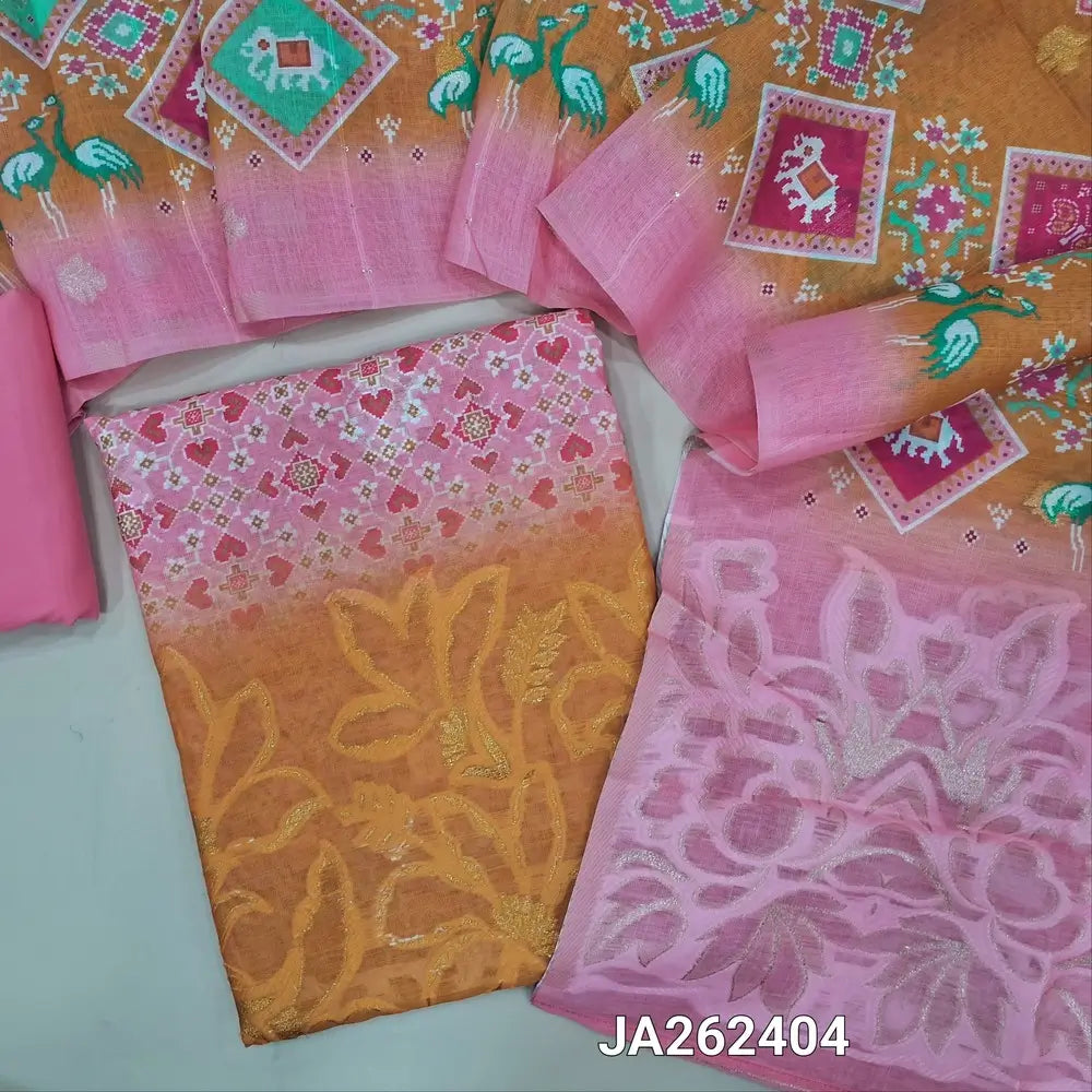 Patola printed pastel Pink premium linen unstitched salwar material(lining needed) mehandhi yellow jakard embroidery daman, matching silky bottom, printed dual shade linen dupatta with jakard pallu. JA262404