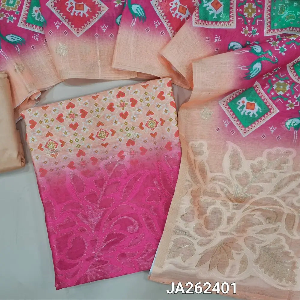 Patola printed pastel Peach premium linen unstitched salwar material(lining needed) pink jakard embroidery daman, matching silky bottom, printed dual shade linen dupatta with jakard pallu. JA262401