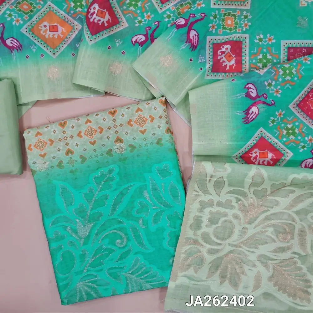 Patola printed pastel Green premium linen unstitched salwar material(lining needed)pastel Blue jakard embroidery daman, matching silky bottom, printed dual shade linen dupatta with jakard pallu. JA262402