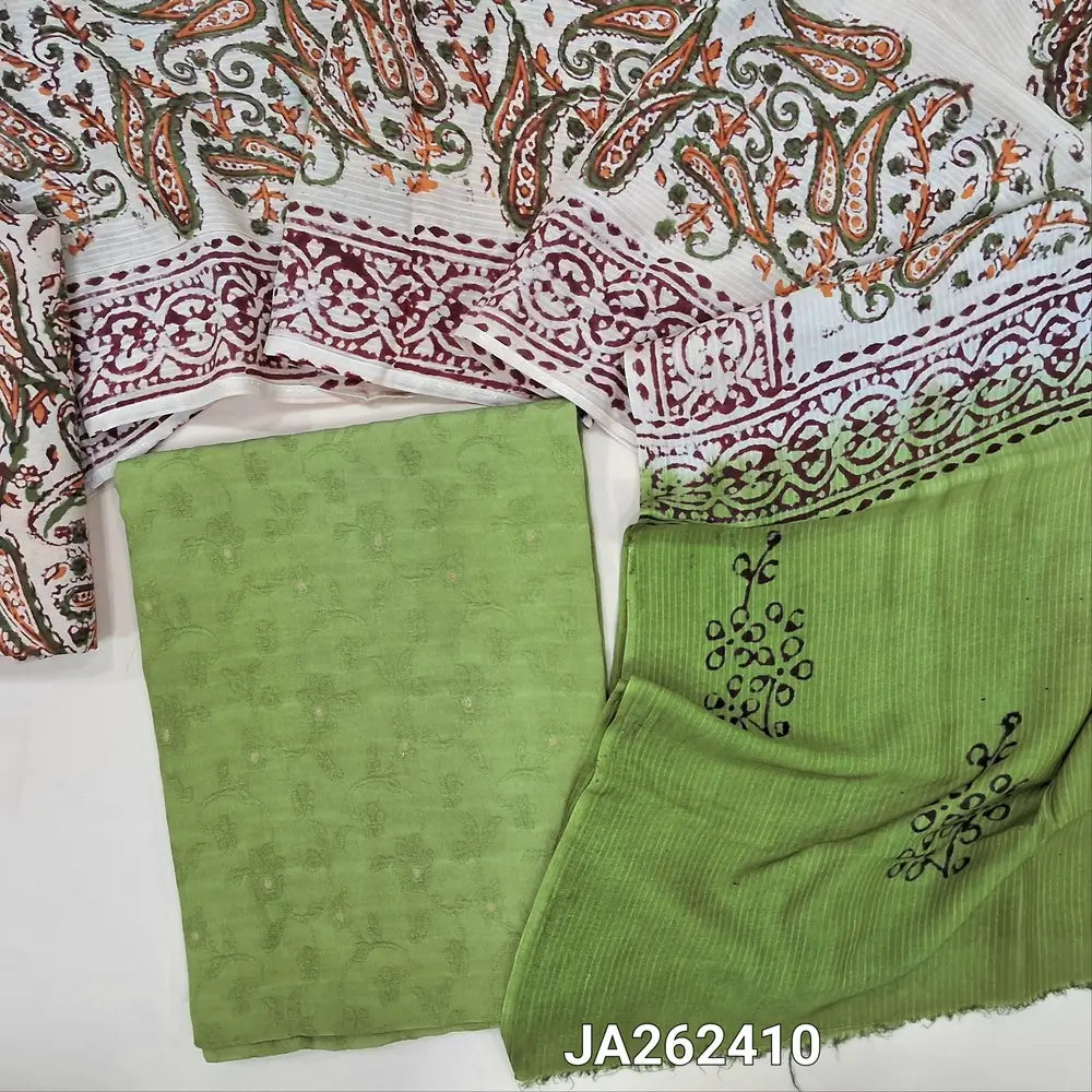 Premium pastel Green jakard crepe silk unstitched salwar material(silky, lining needed) zari buttas allover, block printed santoon bottom, drum dyed dual shaded block print premium chanderi dupatta(TAPING NEEDED).JA262410