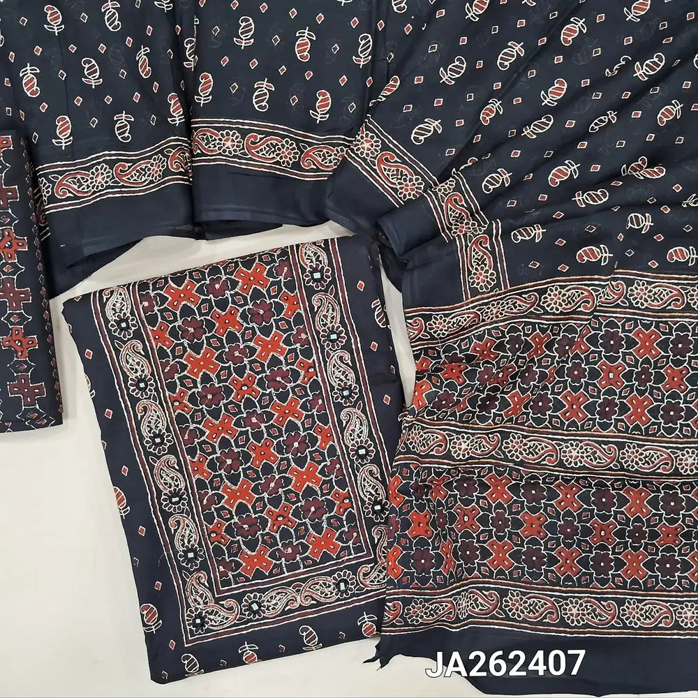 Printed Black soft cotton unstitched salwar material(lining optional) zari embroidery, real mirror work on yoke, printed cotton bottom, printed mul cotton full length dupatta (TAPING NEEDED). JA262407