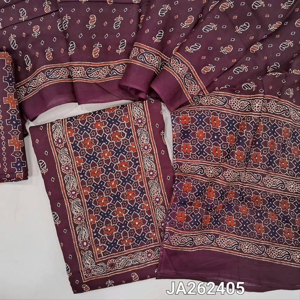 Printed dark Maroon soft cotton unstitched salwar material(lining optional) zari embroidery, real mirror work on yoke, printed cotton bottom, printed  mul cotton full length dupatta (TAPING NEEDED). JA262405