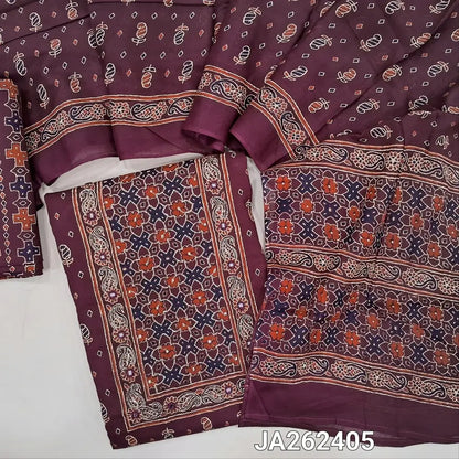 Printed dark Maroon soft cotton unstitched salwar material(lining optional) zari embroidery, real mirror work on yoke, printed cotton bottom, printed  mul cotton full length dupatta (TAPING NEEDED). JA262405
