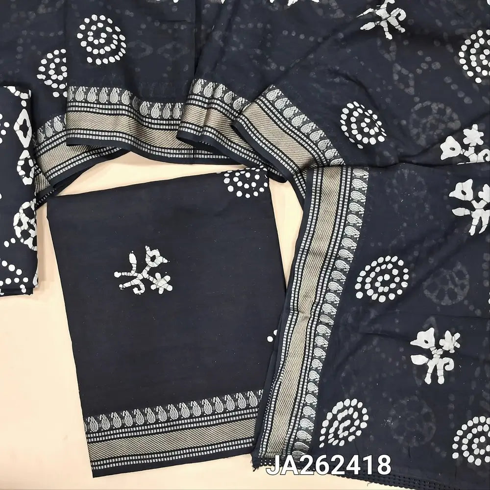Black batik dyed pure cotton unstitched salwar material(lining needed) zari woven borders on daman, batik dyed cotton bottom, batik dyed mul cotton full length dupatta with zari woven borders & lace tapings. JA262418