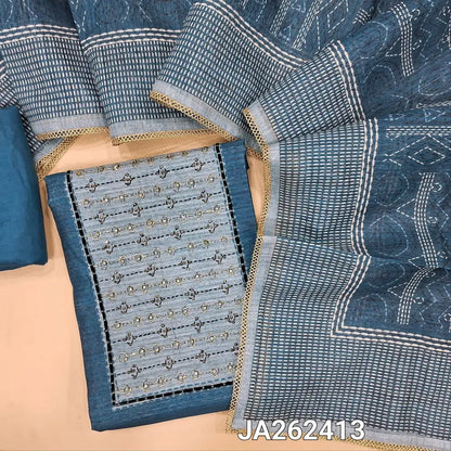 Premium dark Blue jute silk unstitched salwar material(lining needed) light blue zardozi, zari detailing on yoke, sequins, lace tapings on daman, matching santoon bottom, digital printed jute silk dupatta with lace tapings. JA262413