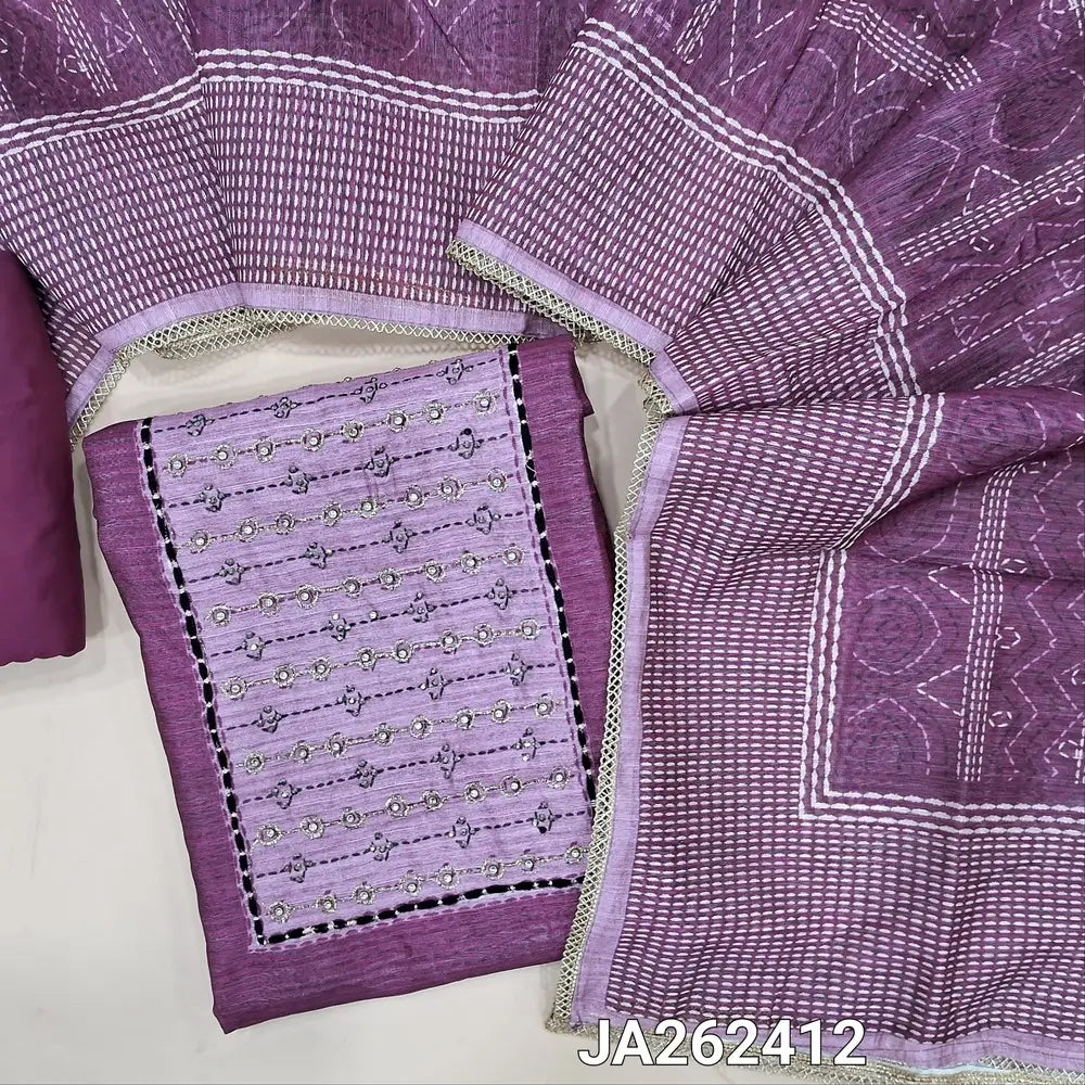 Premium dark Purple jute silk unstitched salwar material(lining needed) light purple zardozi, zari detailing on yoke, sequins, lace tapings on daman, matching santoon bottom, digital printed jute silk dupatta with lace tapings. JA262412