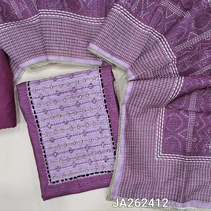 Premium dark Purple jute silk unstitched salwar material(lining needed) light purple zardozi, zari detailing on yoke, sequins, lace tapings on daman, matching santoon bottom, digital printed jute silk dupatta with lace tapings. JA262412