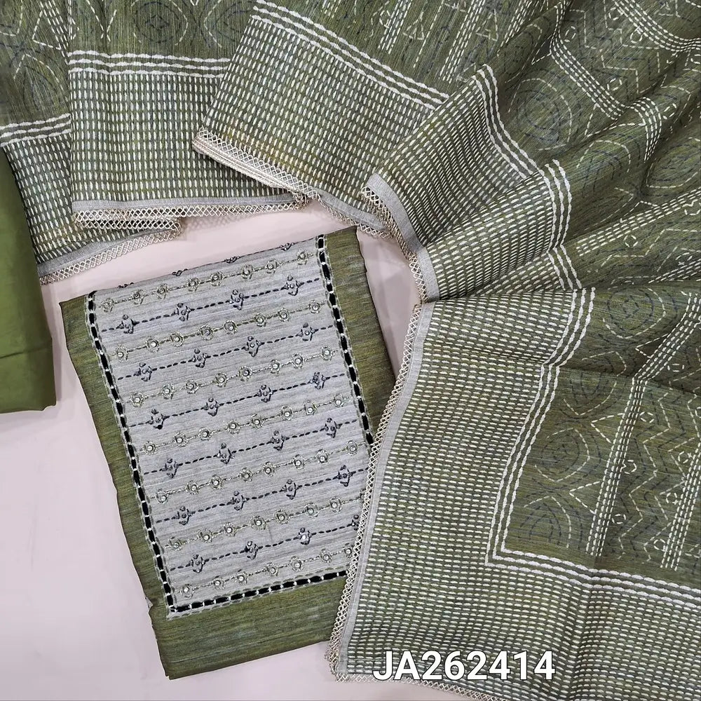 Premium olive Green jute silk unstitched salwar material(lining needed) light green zardozi, zari detailing on yoke, sequins, lace tapings on daman, matching santoon bottom, digital printed jute silk dupatta with lace tapings. JA262414