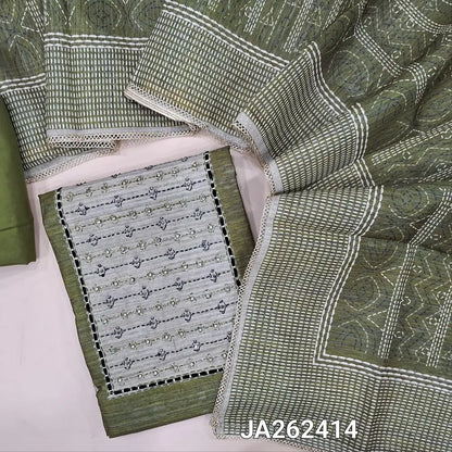 Premium olive Green jute silk unstitched salwar material(lining needed) light green zardozi, zari detailing on yoke, sequins, lace tapings on daman, matching santoon bottom, digital printed jute silk dupatta with lace tapings. JA262414
