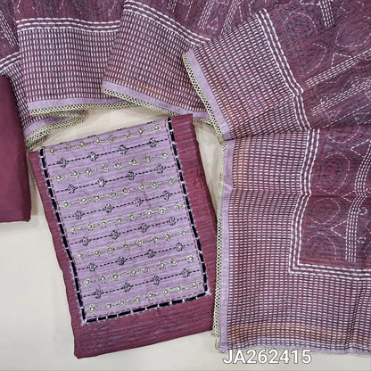 Premium dark Pink jute silk unstitched salwar material(lining needed) light pink zardozi, zari detailing on yoke, sequins, lace tapings on daman, matching santoon bottom, digital printed jute silk dupatta with lace tapings. JA262415