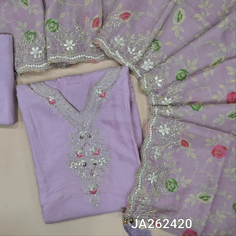 Designer Lavender pure dola silk unstitched salwar material(lining needed) zari thread detailing on yoke, matching santoon bottom, printed tissue silk short width dupatta with embroidery & gota patti work. JA262420