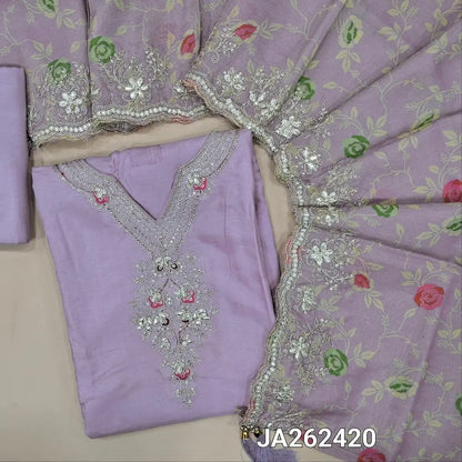 Designer Lavender pure dola silk unstitched salwar material(lining needed) zari thread detailing on yoke, matching santoon bottom, printed tissue silk short width dupatta with embroidery & gota patti work. JA262420