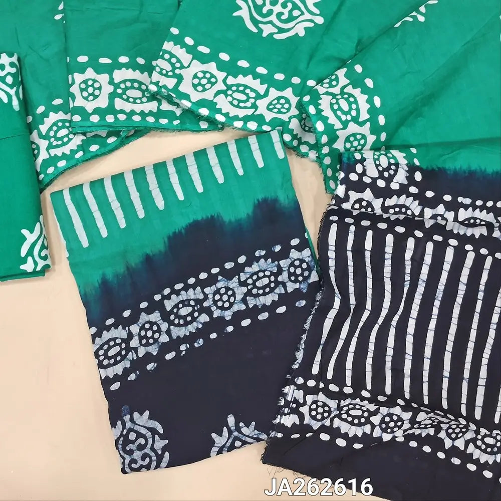 Batik dyed Turquoise Green soft cotton unstitched salwar material (lining needed) batik dyed dark blue daman, batik dyed cotton bottom, dual shade batik dyed mul cotton full length dupatta. (TAPING NEEDED)JA262616