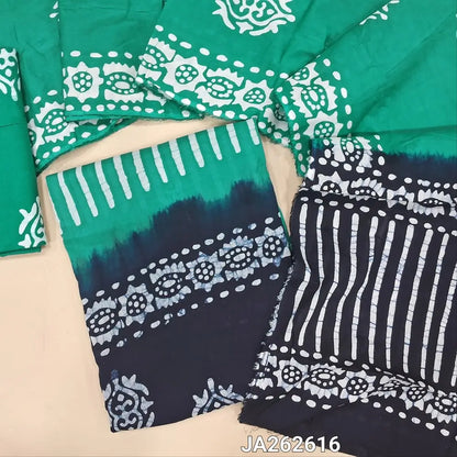 Batik dyed Turquoise Green soft cotton unstitched salwar material (lining needed) batik dyed dark blue daman, batik dyed cotton bottom, dual shade batik dyed mul cotton full length dupatta. (TAPING NEEDED)JA262616