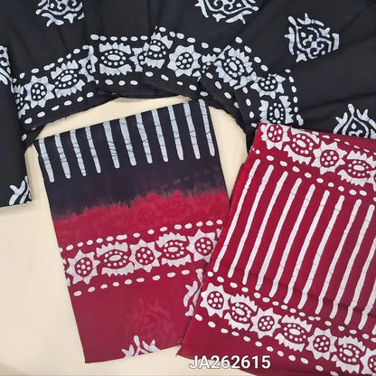 Batik dyed Black soft cotton unstitched salwar material (lining needed) batik dyed pink daman, batik dyed cotton bottom, dual shade batik dyed mul cotton full length dupatta. (TAPING NEEDED)JA262615