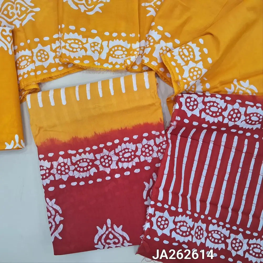 Batik dyed mehandhi Yellow soft cotton unstitched salwar material (lining needed) batik dyed reddish maroon daman, batik dyed cotton bottom, dual shade batik dyed mul cotton full length dupatta. (TAPING NEEDED)JA262614