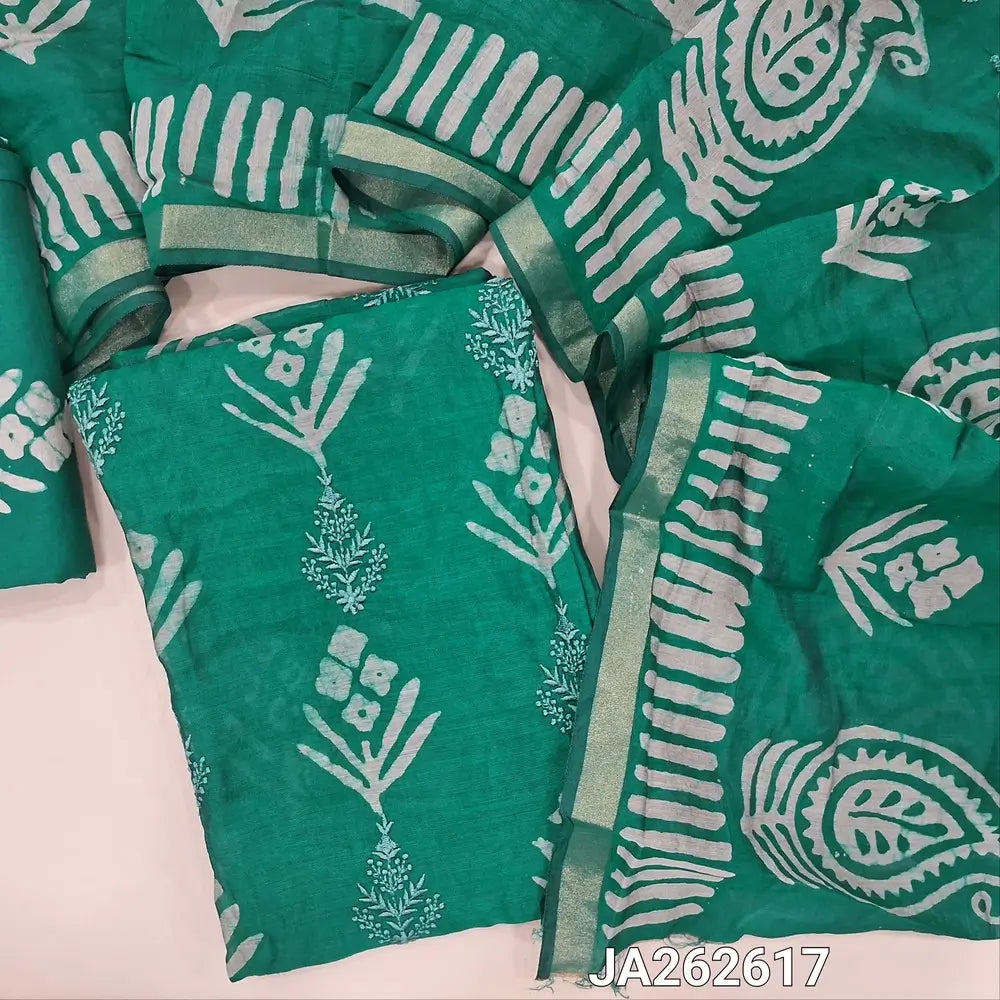 Digital printed teal Green premium soft silk cotton unstitched salwar material (lining needed) embroidery work on front, printed cotton bottom, digital print, rich embroidery work on silk cotton full length dupatta. (TAPING NEEDED)JA262617