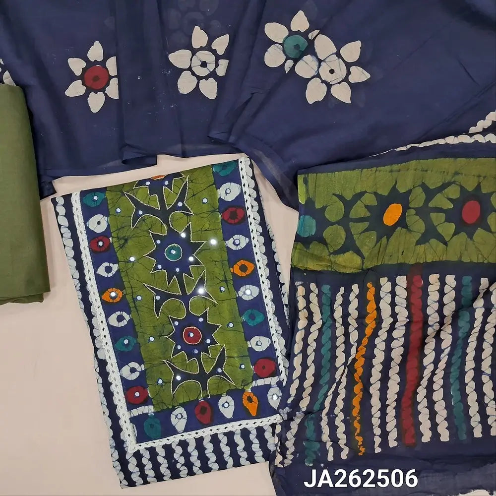 Wax batik dyed dark Blue pure cotton unstitched salwar material (lining optional) zari thread, faux mirror work on yoke, mossy green cotton bottom, batik dyed mul cotton full length dupatta(TAPING NEEDED). JA262506