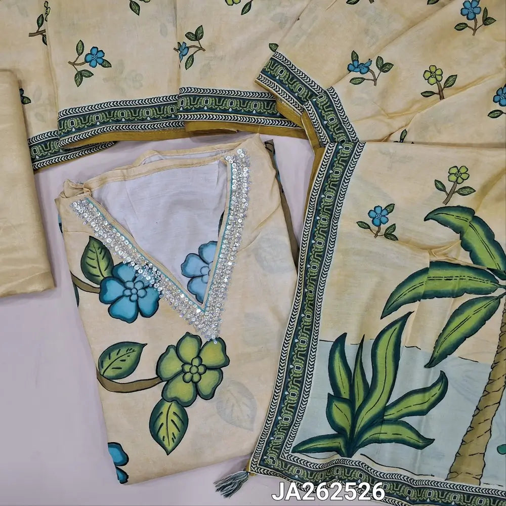 Designer digital printed Beige muslin silk unstitched salwar material(lining needed) floral, bird print, sequins, bead work on front, matching santoon bottom, digital printed short width muslin silk dupatta. JA262526