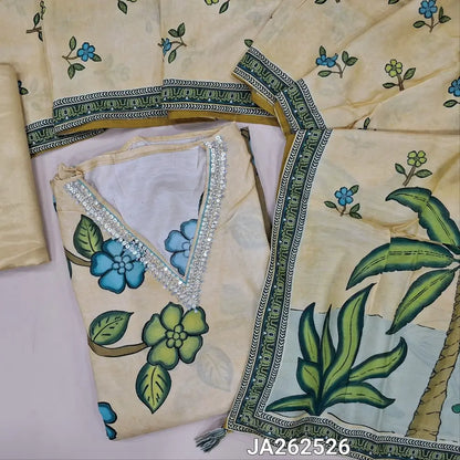 Designer digital printed Beige muslin silk unstitched salwar material(lining needed) floral, bird print, sequins, bead work on front, matching santoon bottom, digital printed short width muslin silk dupatta. JA262526