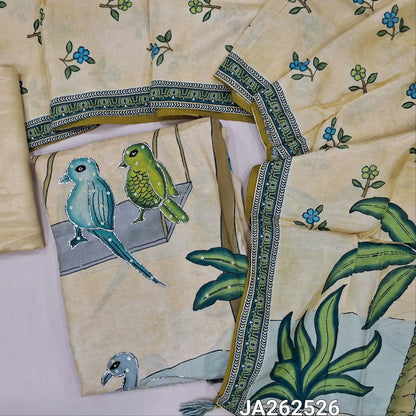 Designer digital printed Beige muslin silk unstitched salwar material(lining needed) floral, bird print, sequins, bead work on front, matching santoon bottom, digital printed short width muslin silk dupatta. JA262526
