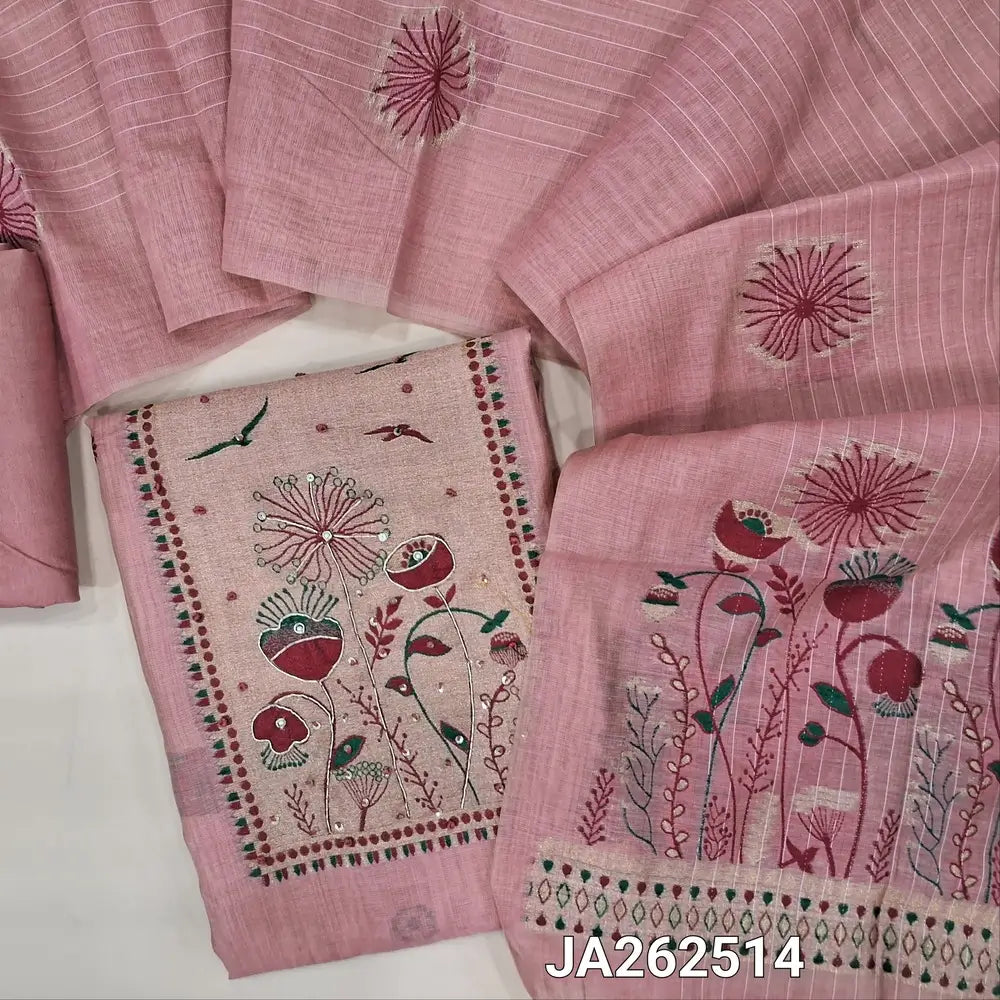 Designer pastel Pink jamdani woven premium silk cotton unstitched salwar material(lining needed)jamdani wove, sequins work on yoke, thread buttas allover, matching santoon bottom, jamdani woven silk cotton full length dupatta with tassels. JA262514