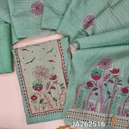 Designer pastel Blue jamdani woven premium silk cotton unstitched salwar material(lining needed)jamdani wove, sequins work on yoke, thread buttas allover, matching santoon bottom, jamdani woven silk cotton full length dupatta with tassels. JA262516