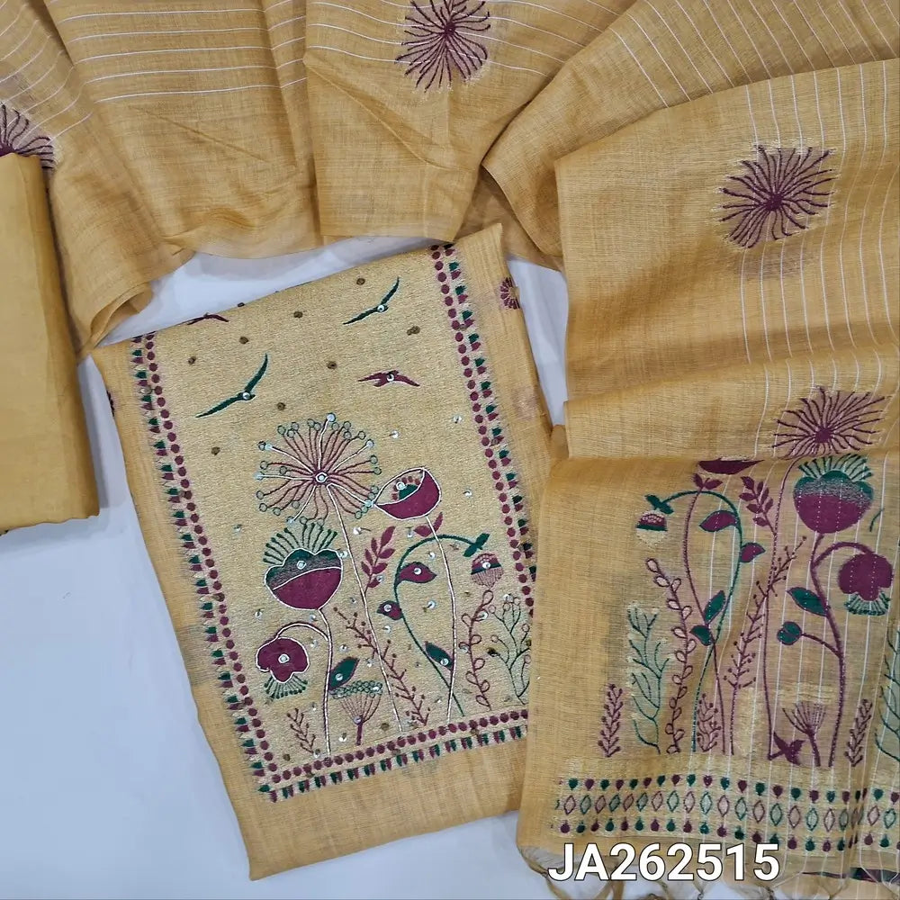Designer sandal Yellow jamdani woven premium silk cotton unstitched salwar material(lining needed)jamdani wove, sequins work on yoke, thread buttas allover, matching santoon bottom, jamdani woven silk cotton full length dupatta with tassels. JA262515