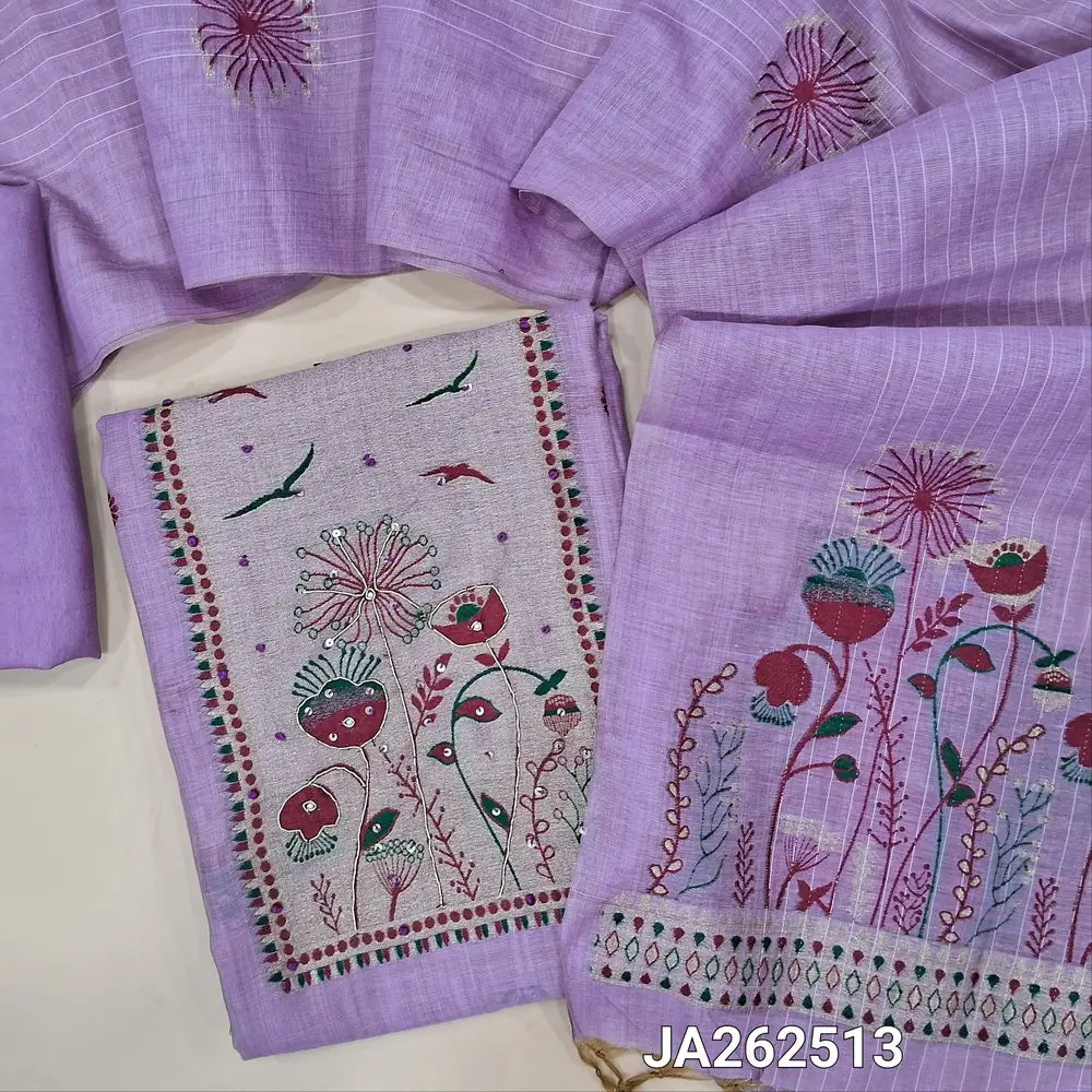 Designer Lavender jamdani woven premium silk cotton unstitched salwar material(lining needed)jamdani wove, sequins work on yoke, thread buttas allover, matching santoon bottom, jamdani woven silk cotton full length dupatta with tassels. JA262513