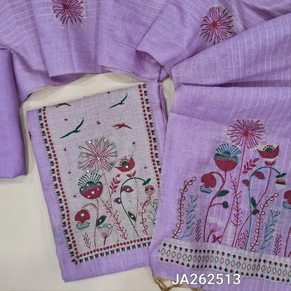 Designer Lavender jamdani woven premium silk cotton unstitched salwar material(lining needed)jamdani wove, sequins work on yoke, thread buttas allover, matching santoon bottom, jamdani woven silk cotton full length dupatta with tassels. JA262513