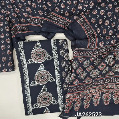 Printed Black premium soft cotton unstitched salwar material(lining optional) real mirror, zari work on panel , printed allover, printed cotton bottom, printed soft mul cotton full length dupatta(TAPING NEEDED). JA262523