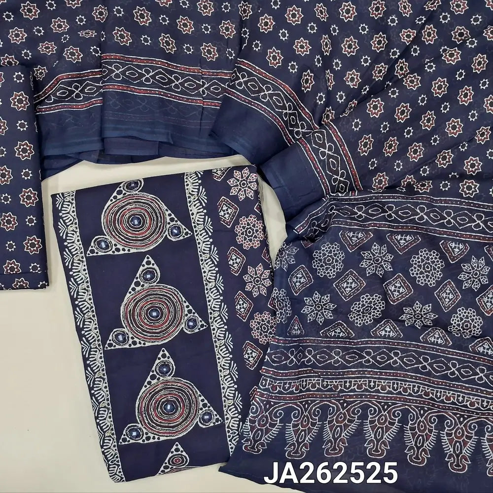 Printed dark Blue premium soft cotton unstitched salwar material(lining optional) real mirror, zari work on panel , printed allover, printed cotton bottom, printed soft mul cotton full length dupatta(TAPING NEEDED). Ja262525