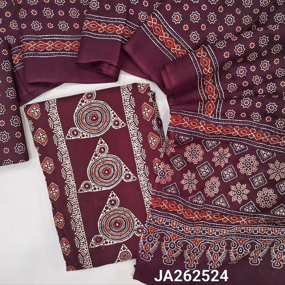 Printed dark Maroon premium soft cotton unstitched salwar material(lining optional) real mirror, zari work on panel , printed allover, printed cotton bottom, printed soft mul cotton full length dupatta(TAPING NEEDED). JA262524