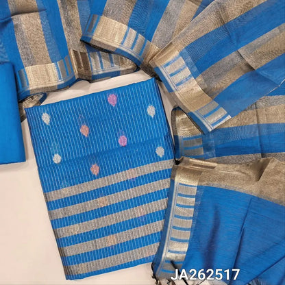Turquoise Blue soft Benarasi silk cotton unstitched salwar material(lining needed) colorful buttas, zari lines allover, tissue line daman, matching silk cotton bottom, tissue silk cotton dupatta with tassels. JA262517