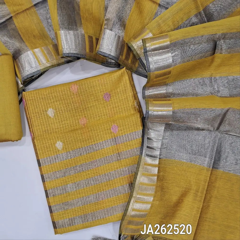 Mehandhi Yellow soft Benarasi silk cotton unstitched salwar material(lining needed) colorful buttas, zari lines allover, tissue line daman, matching silk cotton bottom, tissue silk cotton dupatta with tassels. JA262520
