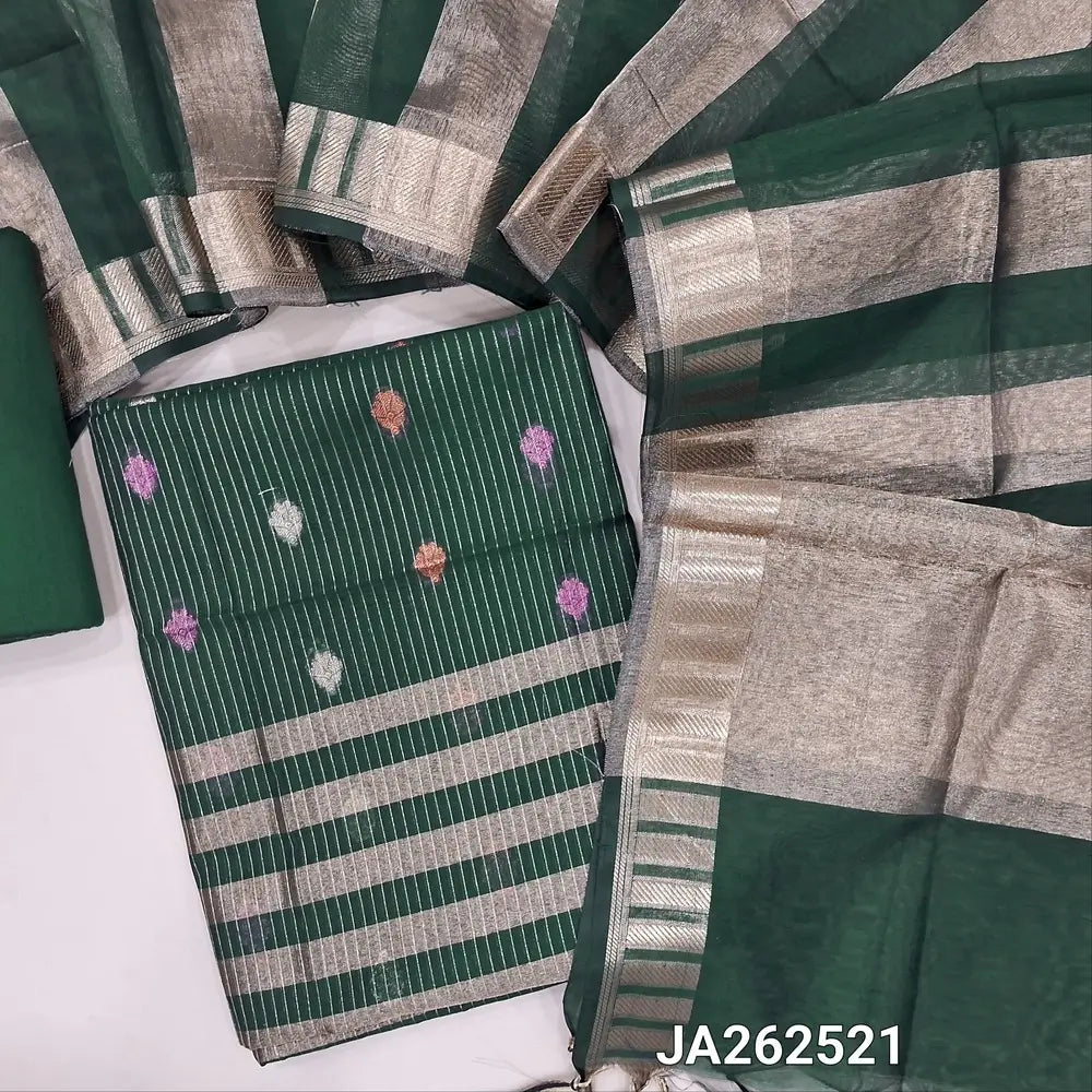 Dark Green soft Benarasi silk cotton unstitched salwar material(lining needed) colorful buttas, zari lines allover, tissue line daman, matching silk cotton bottom, tissue silk cotton dupatta with tassels. JA262521