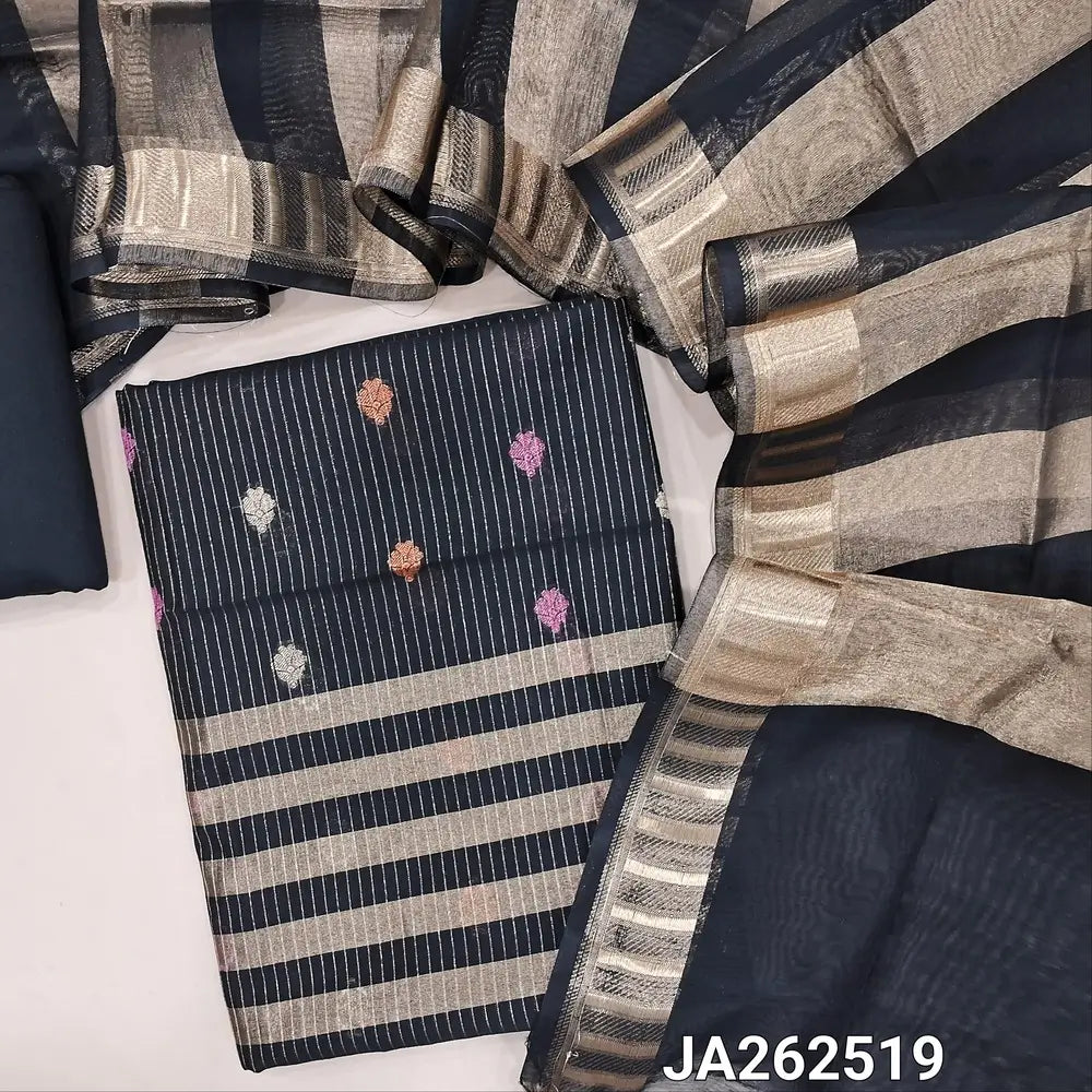 Black soft Benarasi silk cotton unstitched salwar material(lining needed) colorful buttas, zari lines allover, tissue line daman, matching silk cotton bottom, tissue silk cotton dupatta with tassels. JA262519
