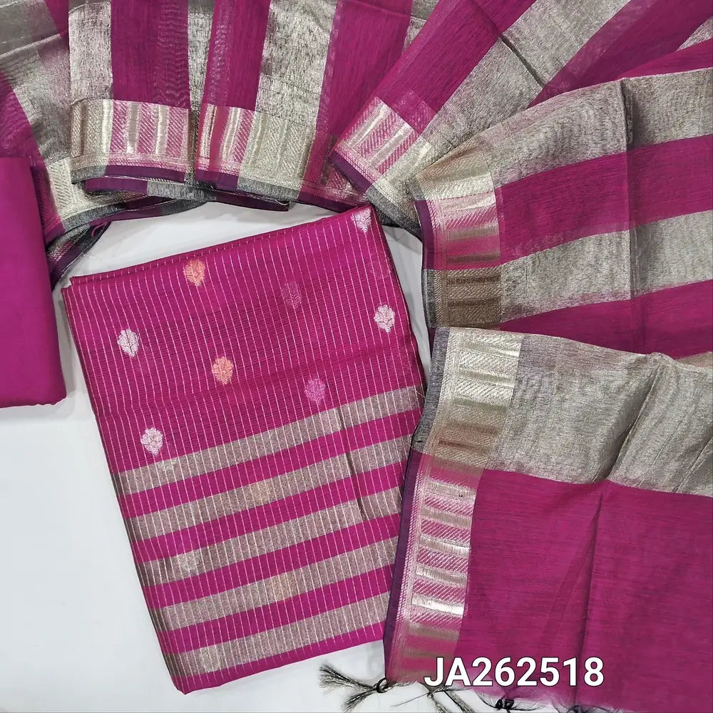 Rani Pink soft Benarasi silk cotton unstitched salwar material(lining needed) colorful buttas, zari lines allover, tissue line daman, matching silk cotton bottom, tissue silk cotton dupatta with tassels. JA262518