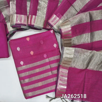 Rani Pink soft Benarasi silk cotton unstitched salwar material(lining needed) colorful buttas, zari lines allover, tissue line daman, matching silk cotton bottom, tissue silk cotton dupatta with tassels. JA262518