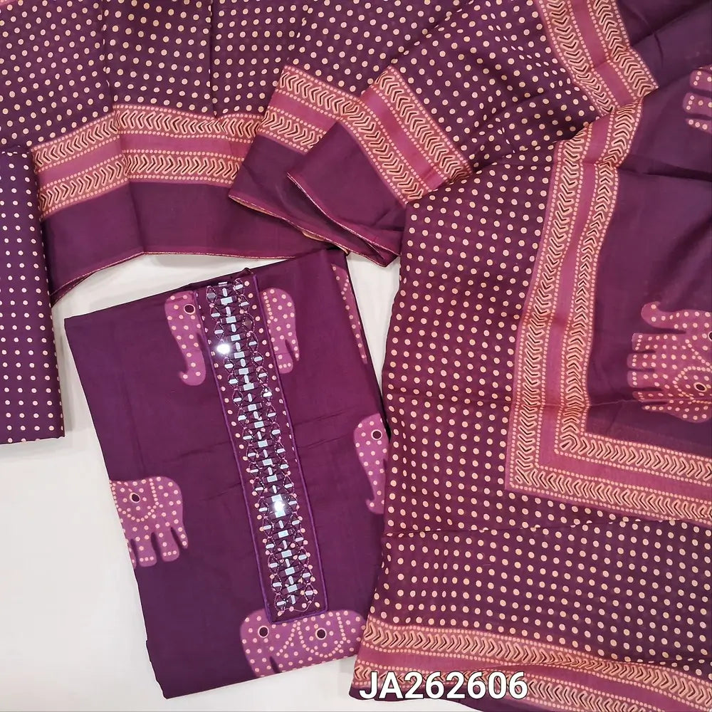 Printed beetroot Purple soft cotton unstitched salwar material (lining needed) elephant print allover, real mirror work on yoke, printed cotton bottom, polka dots, elephant prints soft mul cotton full length dupatta (TAPING NEEDED)JA262606