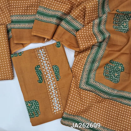 Printed mehandhi Yellow soft cotton unstitched salwar material (lining needed)elephant print allover, real mirror work on yoke, printed cotton bottom, polka dots, elephant prints soft mul cotton full length dupatta (TAPING NEEDED)JA262609