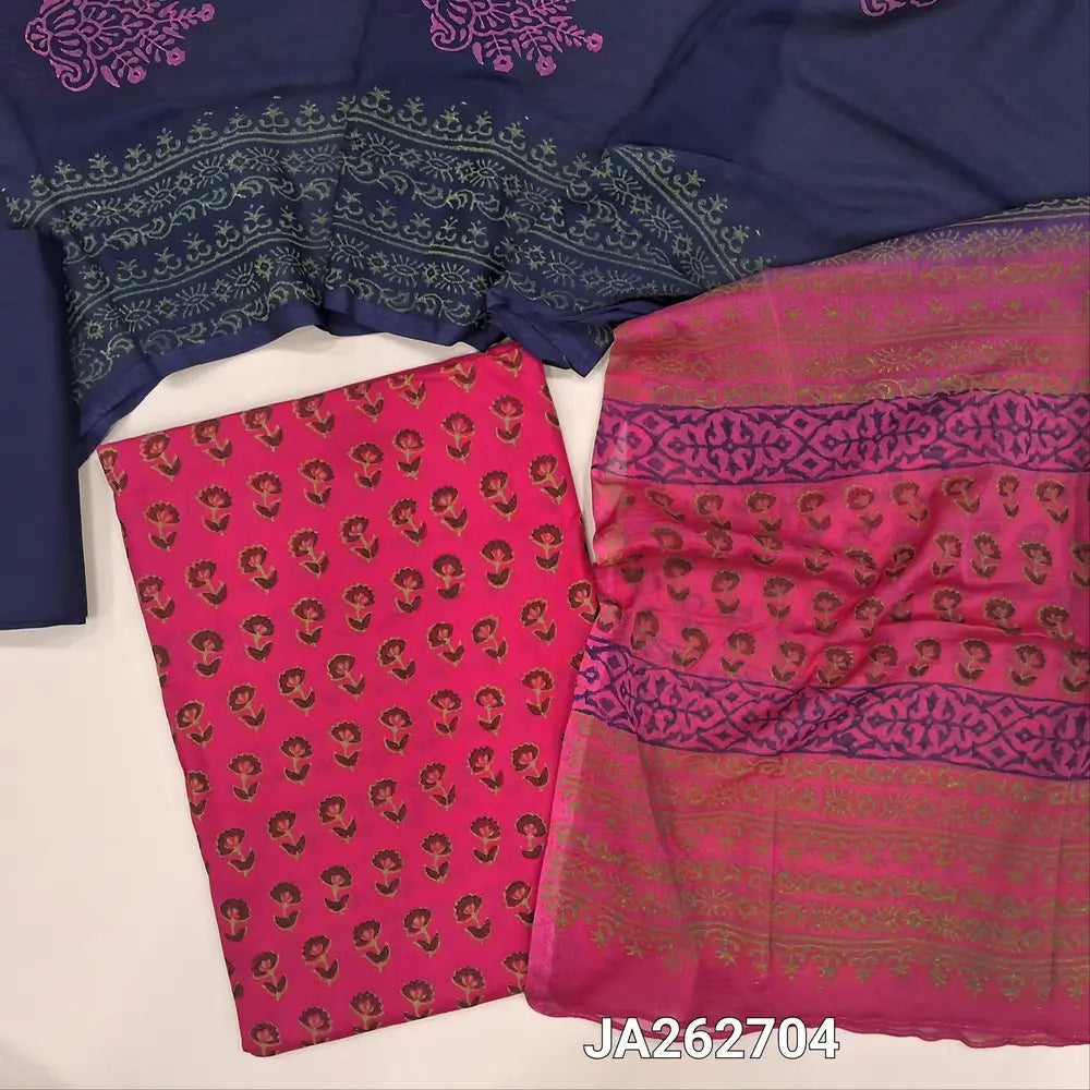 Printed bright peachish Pink pure soft cotton unstitched salwar material (lining optional)printed allover, dark blue cotton bottom, dual shade block printed fancy chiffon dupatta. JA262704